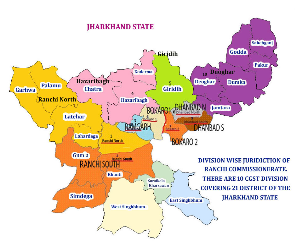 Map showing the jurisdiction of Central GST Commissionerate Audit Patna in Jharkhand